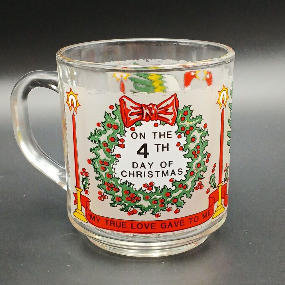 Vtg Twelve Days of Christmas Glass Mug Tumbler 4th Day Four Calling Bird Luminar